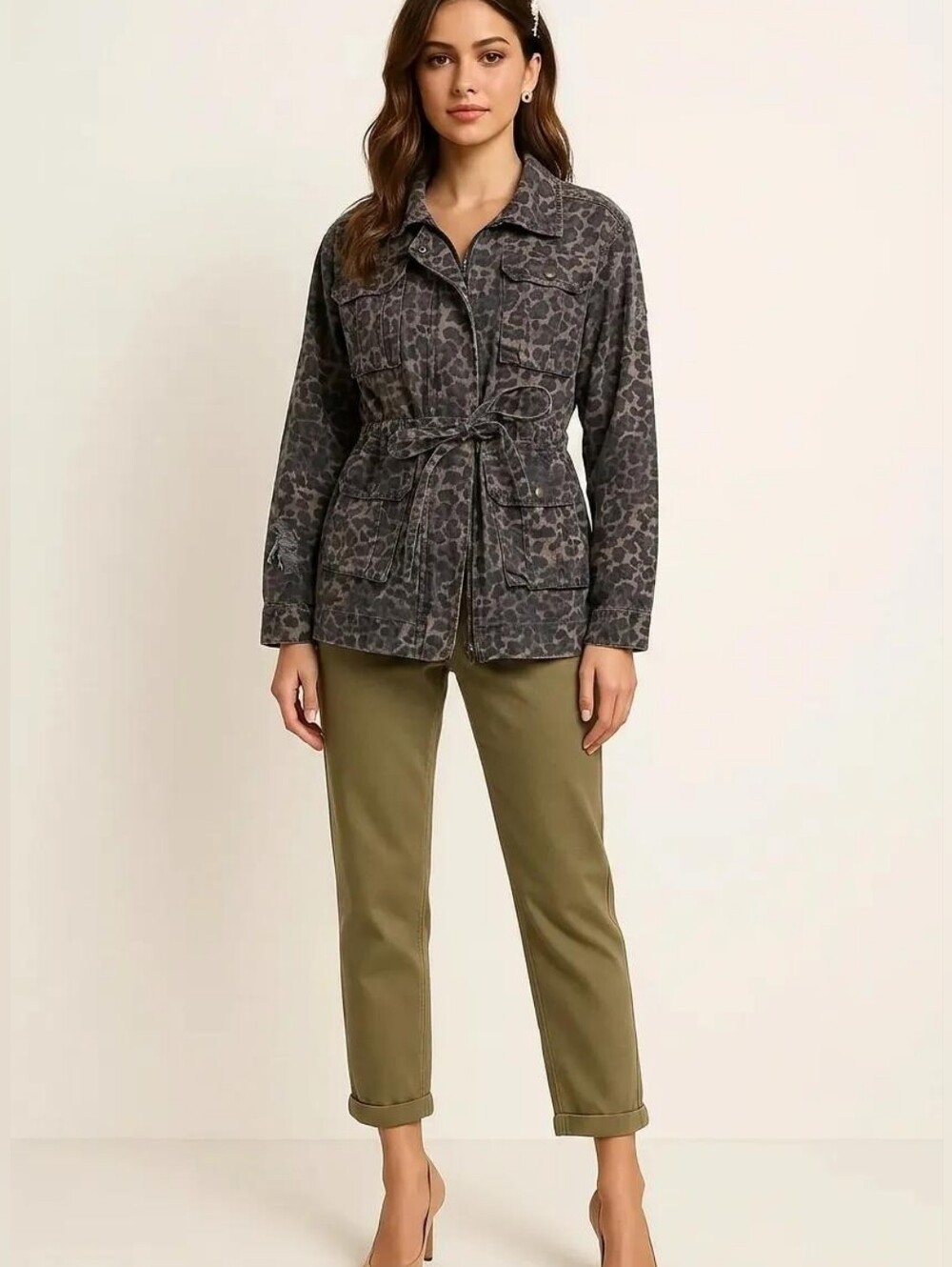POL Leopard-Print Utility Jacket - Brown/Cream